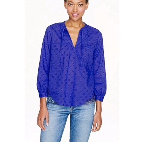 JCrew J. Crew #A5545  Tie Swiss Dot Peasant popover Blouse top blue size 0 XS - Picture 1 of 12